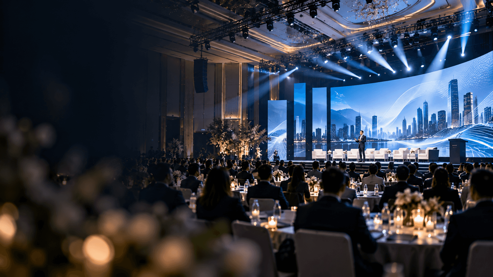 Speaker on stage in front of a wide curved screen, with guests at round tables at a corporate summit