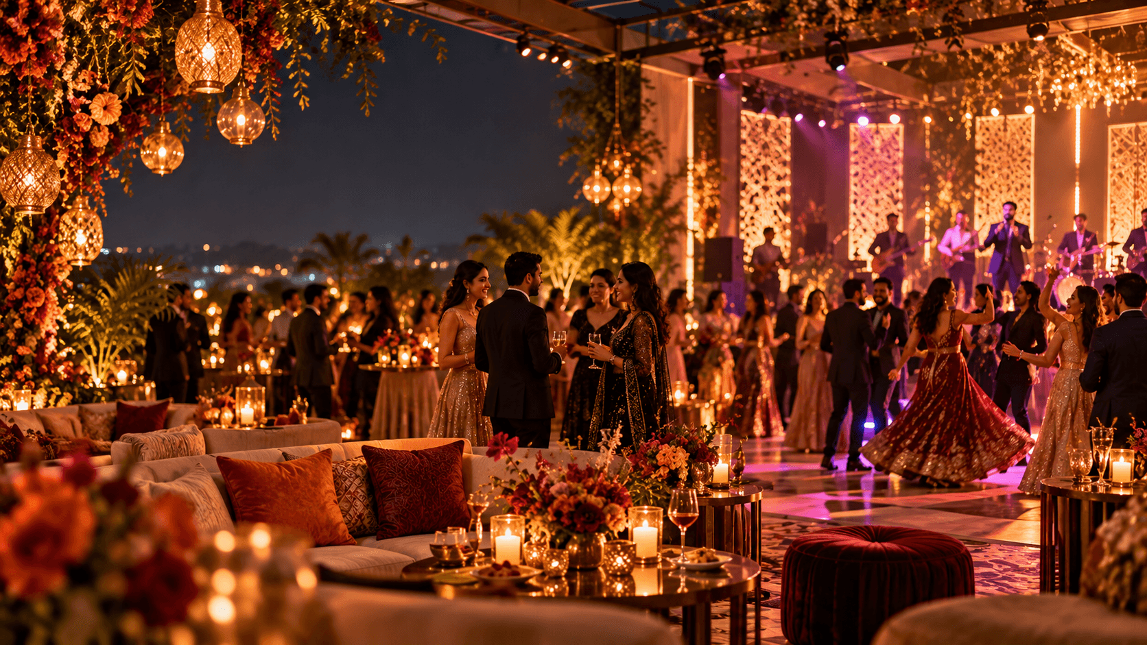 Glamorous midnight garden celebration with atmospheric string lights and guests enjoying an elegant soirée