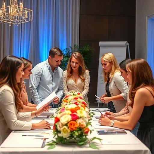 Planners arranging flowers and notes around a table
