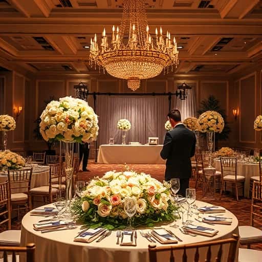 Ballroom with a crystal chandelier and tall floral centerpieces