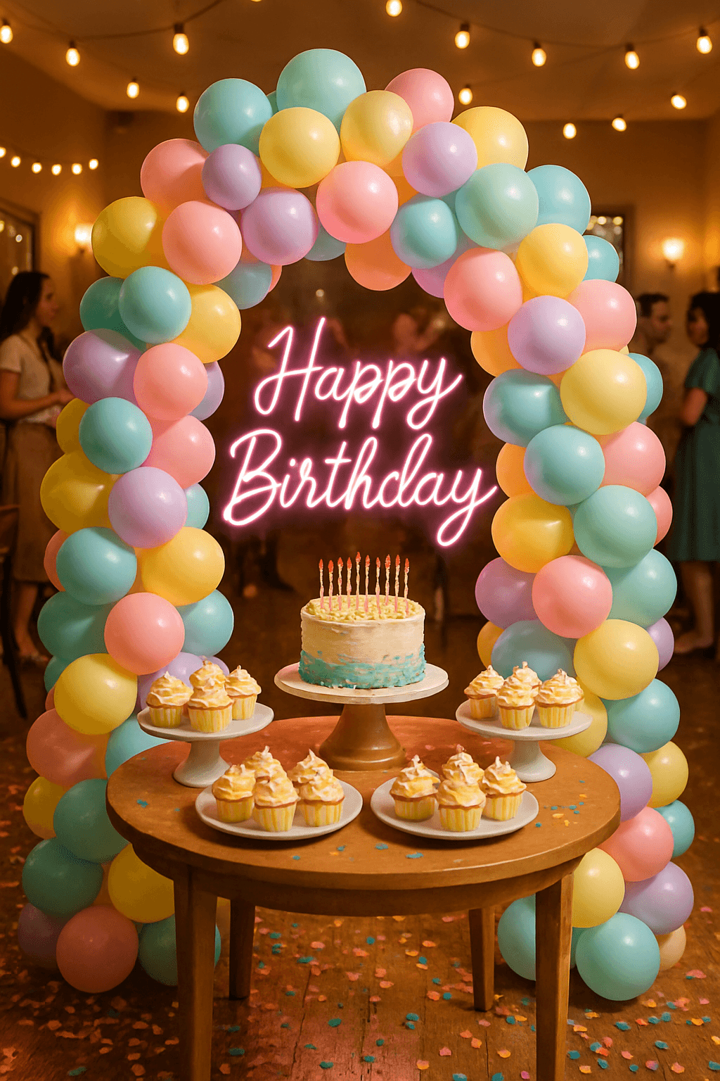 Balloon arch, neon Happy Birthday sign and cake table