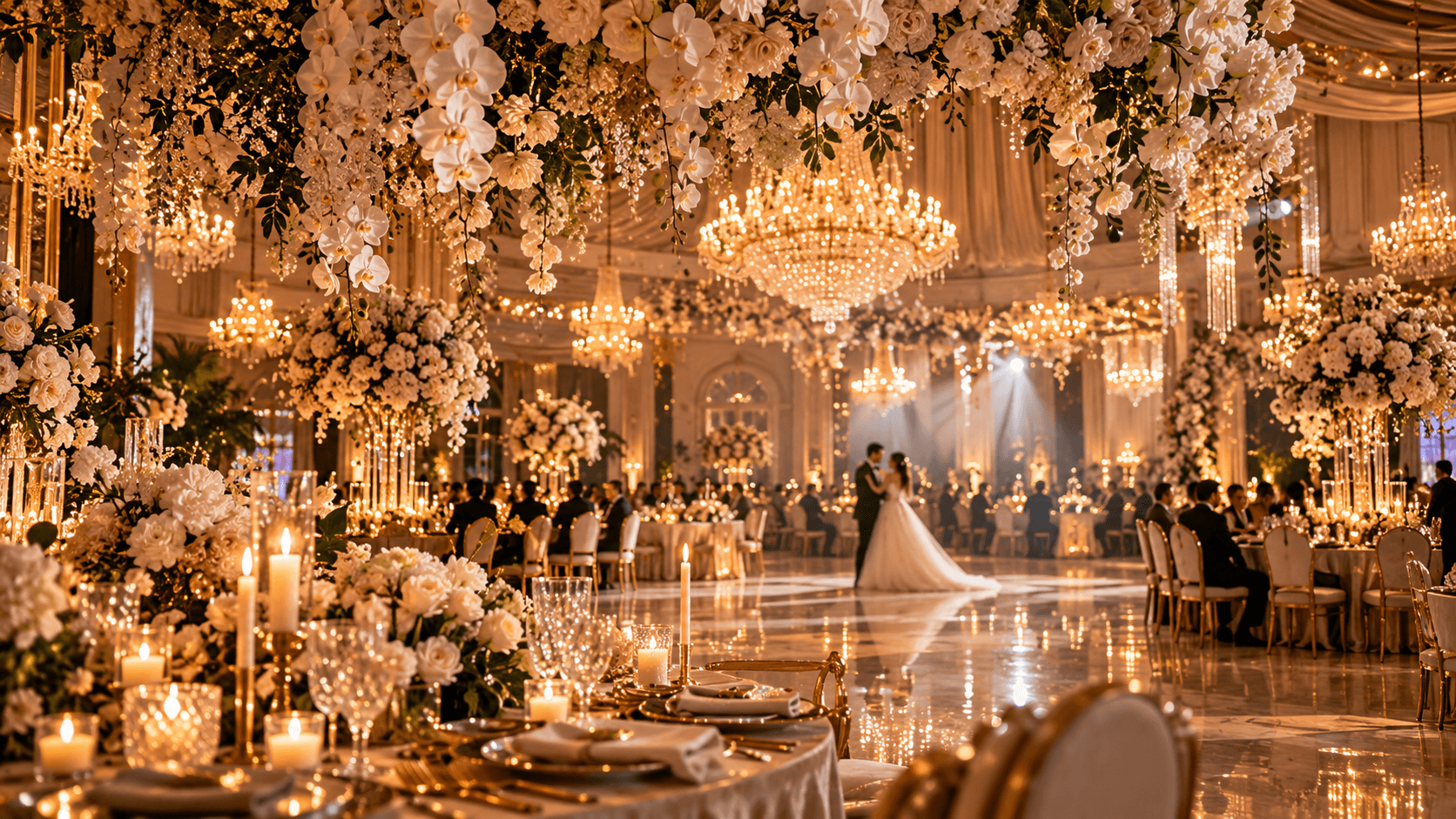 Couple dancing in a chandelier-lit ballroom hung with white orchids, guests at candlelit tables around them
